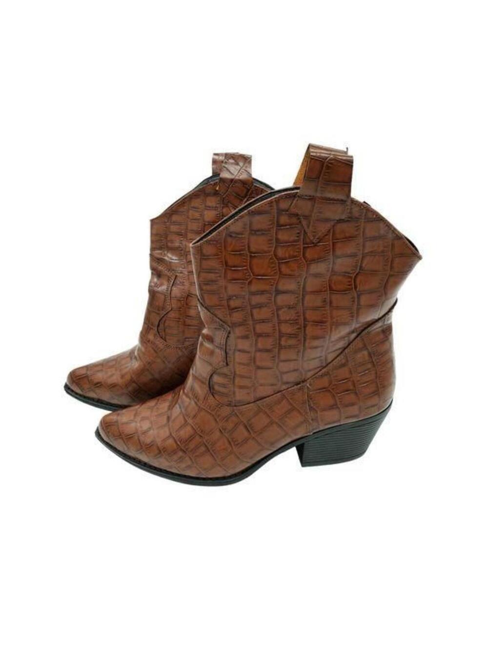 Brown crocodile print short heeled boots